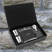 Personalized Black & Silver Leatherette Flask Gift Set